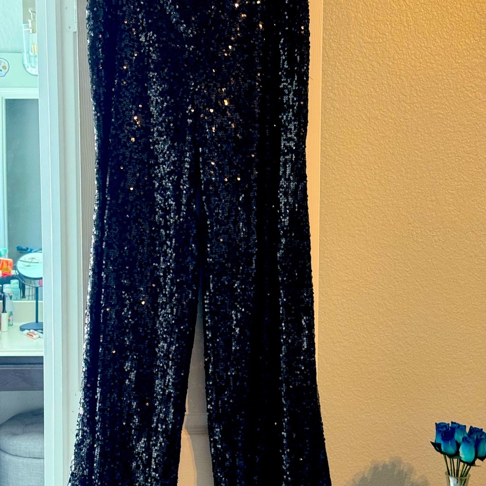 Gabrielle Union - black sequin wide leg pant size M NWOT
